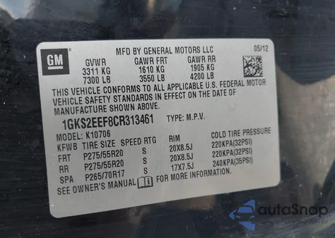 2012 GMC Yukon Denali из США, поврежденный, VIN 1GKS2EEF8CR313461